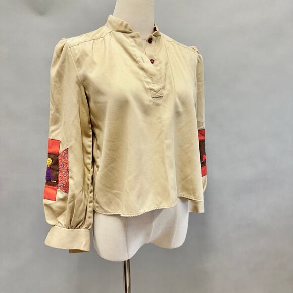 Vintage 70s tan patchwork sleeve twill cropped long sleeve Boxy top Size Small - Picture 2 of 15